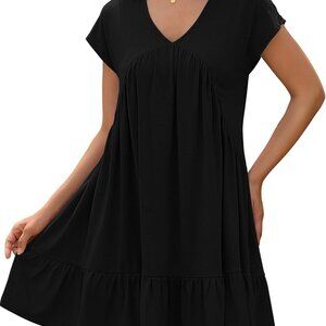 Women's V Neck Ruffle Short Sleeve Swing Dress Casual Summer Mini